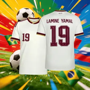 It has the Spanish team crest 2026 Spain Away 19#Lamine Yamal and 20#Pedrl Short And Long Sleeve Soccer Jersey Fans Version Breathable