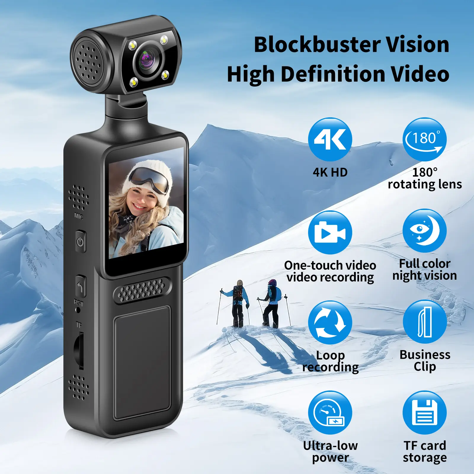 Portable 4K UHD FPV Vlogging Camera with 180° Rotating Full-Body Lens, 64GB Memory Card, USB Charging, Portable Back Clip Design – Ideal for Vlogging, Travel (Electronics Video Camcorder)