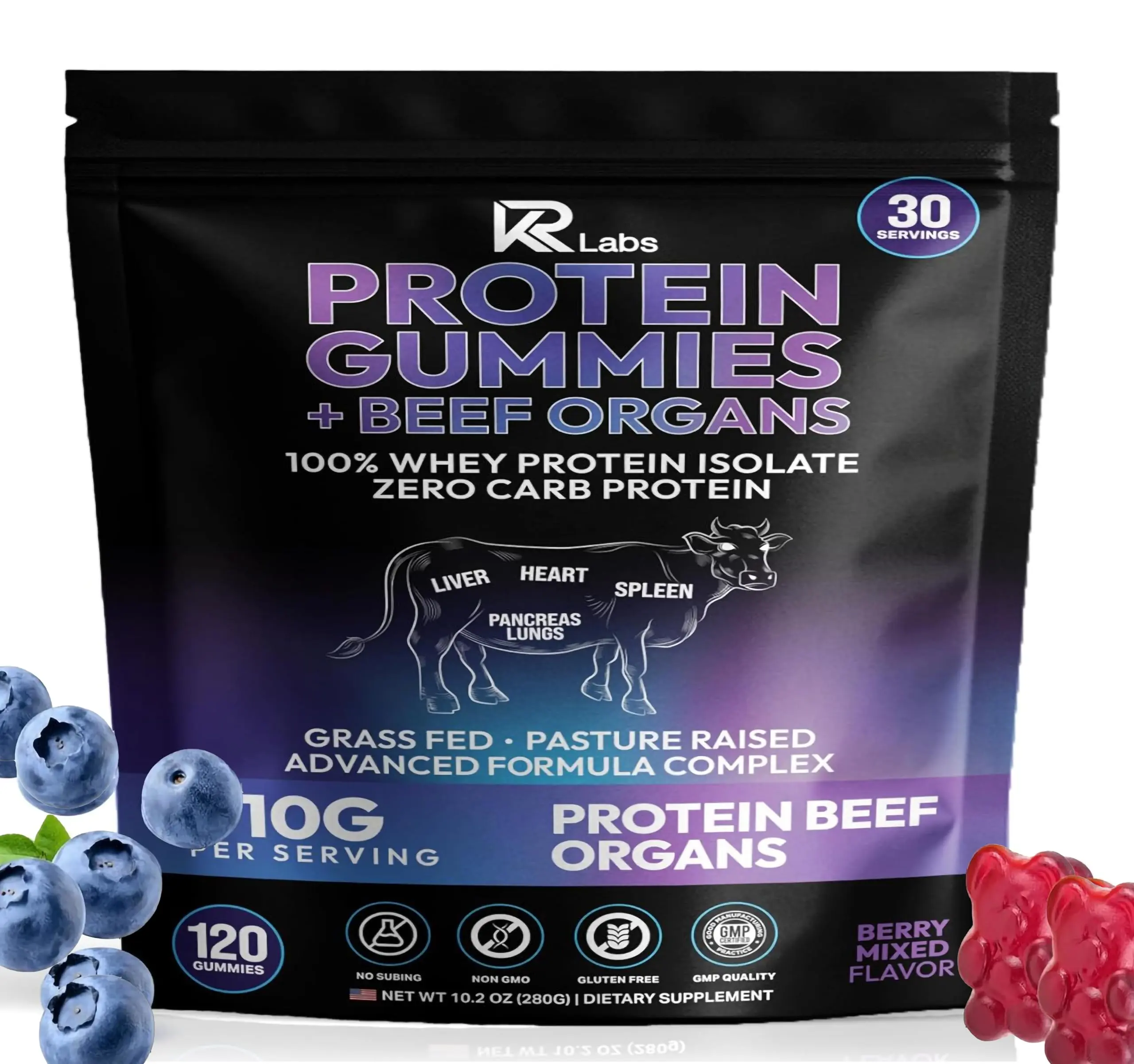 KR Labs Protein Gummies With Beef Organs | 300g Total Protein per Bag | 10g per Serving Plant Based with Vitamins for Men & Women | Gluten Free Non-GMO Mixed Berry | (120 Count)