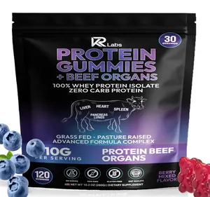 KR Labs Protein Gummies With Beef Organs | 300g Total Protein per Bag | 10g per Serving Plant Based with Vitamins for Men & Women | Gluten Free Non-GMO Mixed Berry | (120 Count)