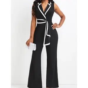 Women's Contrast Binding Belted Jumpsuit, Elegant Lapel Neck Sleeveless Flare Leg Jumpsuit for Daily Outdoor Wear, Ladies Clothes for Summer, Tie Waist Jumpsuit, Flared Jumpsuit, Tie Front Jumpsuit(Sheet)
