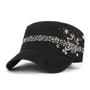 ililily Vintage Distressed Star Spangle Cotton Army Hat Rhinestone Cadet Cap