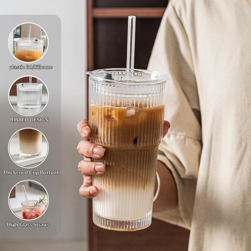 Ribbed Glass Cups with Lids and Straws | 6/8Pack 20oz Thickened Tumbler Set | Ideal for Coffee, Smoothies, Cocktails & Juices