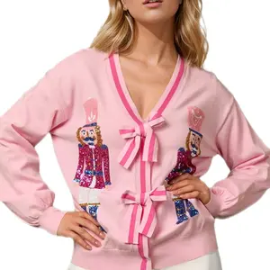 Double Take Full Size Nutcracker Sequin Bow Decor Cardigan Womenswear Comfort lillusory  womens lillusory  womens