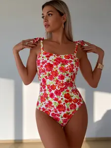 Women's one-piece triangle backless tummy-concealing sexy bikini with floral print for a slimming effect