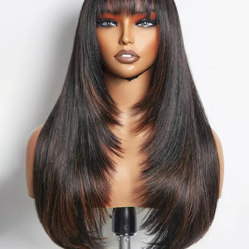 Long Layered Straight Wigs for Women, 24 Inch Glueless Realistic Synthetic Wig with Bangs, Heat Resistant Natural Layered Wig, Synthetic Fiber Wig, Glueless HD Wigs, Hair Wigs