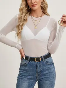 Women's Sexy Long Sleeve Mesh Sheer Top Blouse, Party Inner Layer Daily Wear, Transparent Lace Sexy Babe, Chic, Fashionable and Stylish