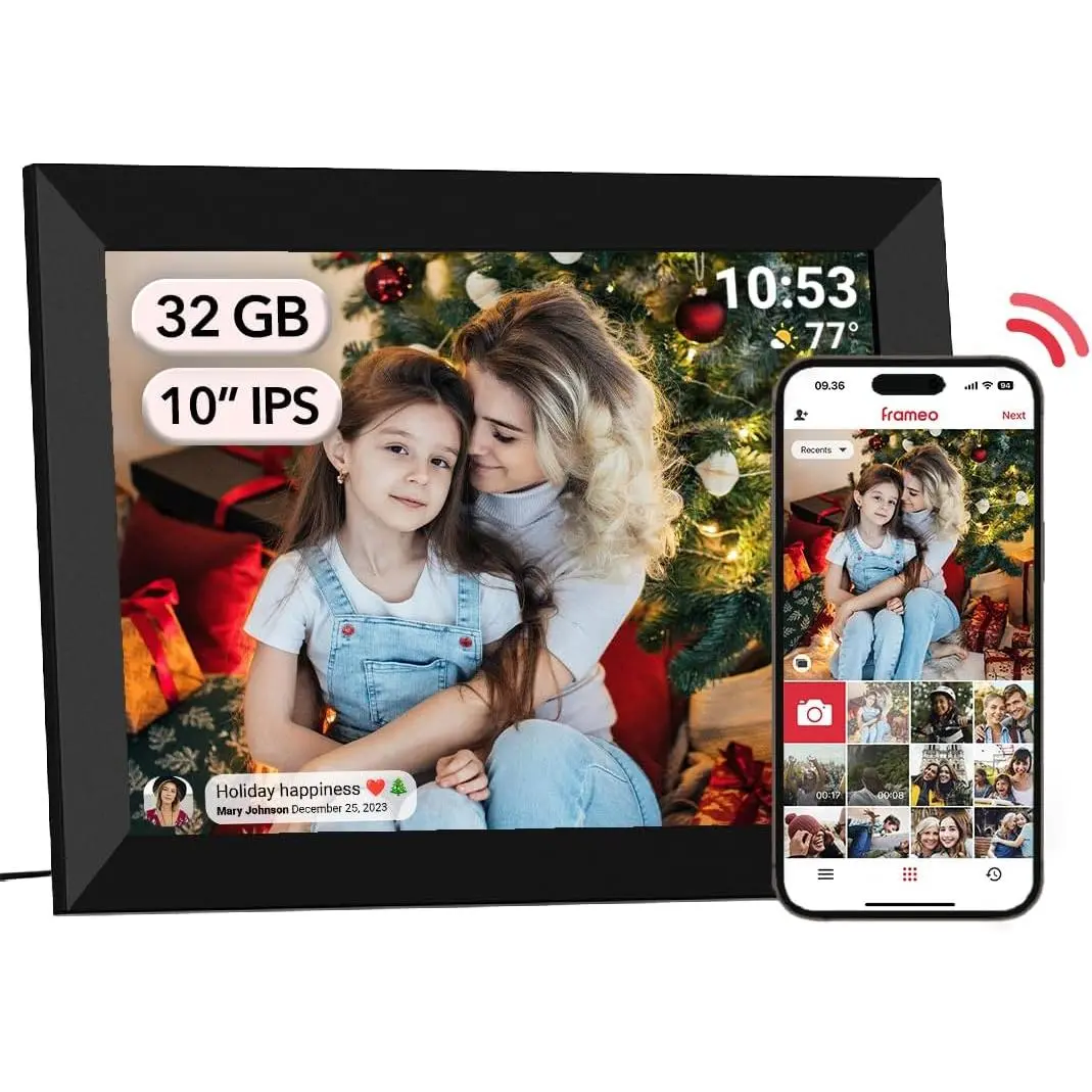 10.1in Modern Rectangle Digital Photo Frame - IPS Touch Screen Display, WiFi, Video Clips, Slide Show, Auto-Rotate, Wall Mountable, Instant Photo Sharing via Frameo APP for Home Decor
