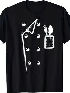 Funny Chef T-Shirt-Large 180g Heavy Cooking Shirt with Chef Hat, Spoon and Chips Print-Black and White Chef Costume for Birthday Gifts, Cooking..., skin-friendly softness, minimalist style, for couples, weekend casual