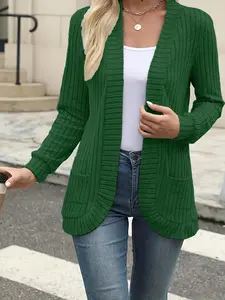 Cardigan Coat, French Lazy Style, Ribbed Brushed Knitwear, Knitting, Striped, 2026 Autumn Winter New European American Fashion Women's Wear, Solid Color Long Sleeve Crew Neck Versatile, Pockets, Office Dating Layering, Essential for Warm Relaxed Outfits