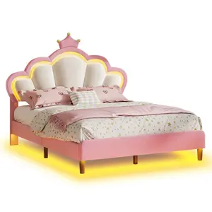 Girls Full Bed Frame with Princess Crown and LED Velvet Upholstered Platform Pink