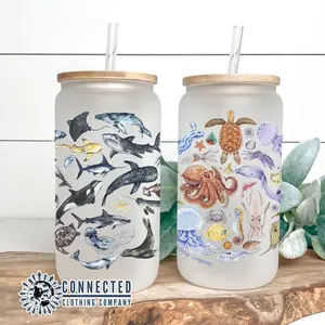 2-Pack Sea Creatures Glass Cans with Bamboo Lid and Straw for Drinkware