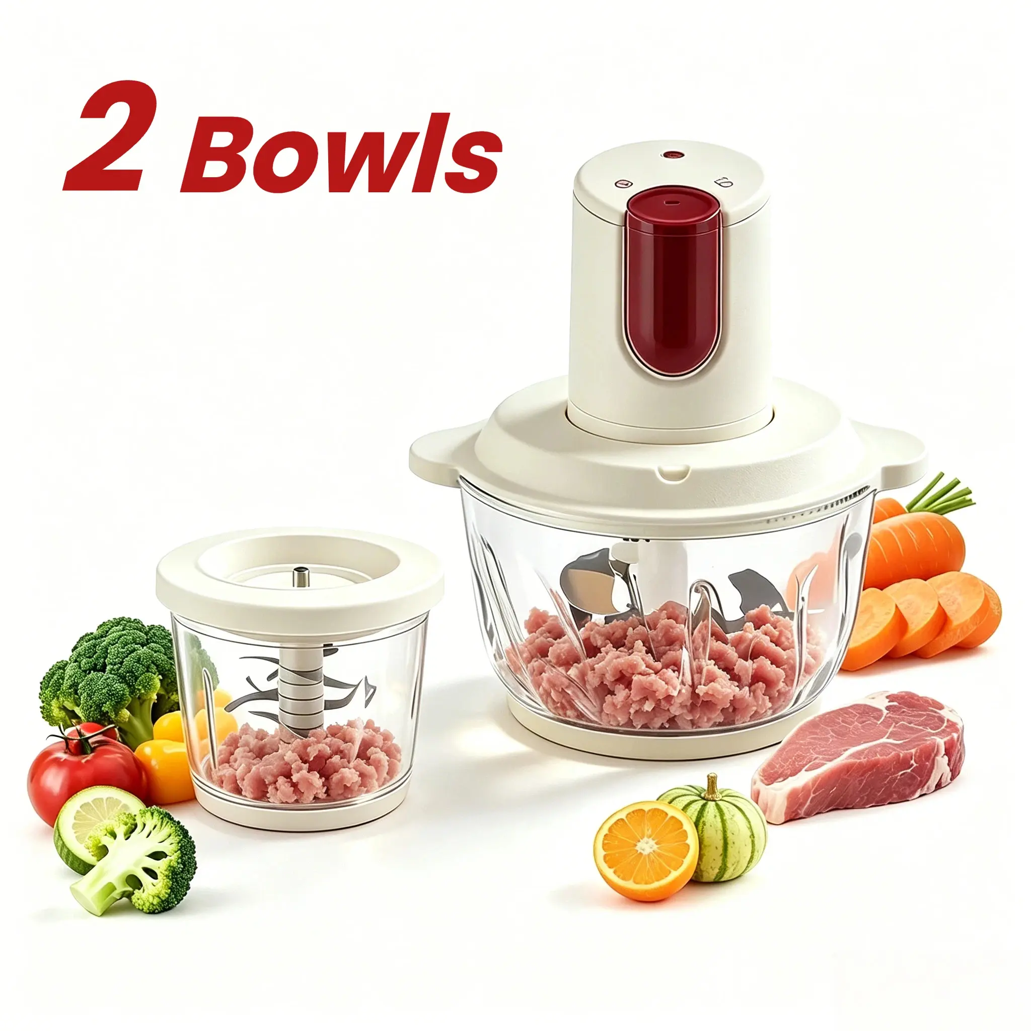 Household Electric Food Processor with 2 Glass Bowls (2L, 700ML) - 110V Plug, 3 Speeds+Pulse, Anti-Jam Parts, Stainless Steel Meat Grinder & Chopper for Mincing/Grinding Meat, Vegetables, Easy to Clean
