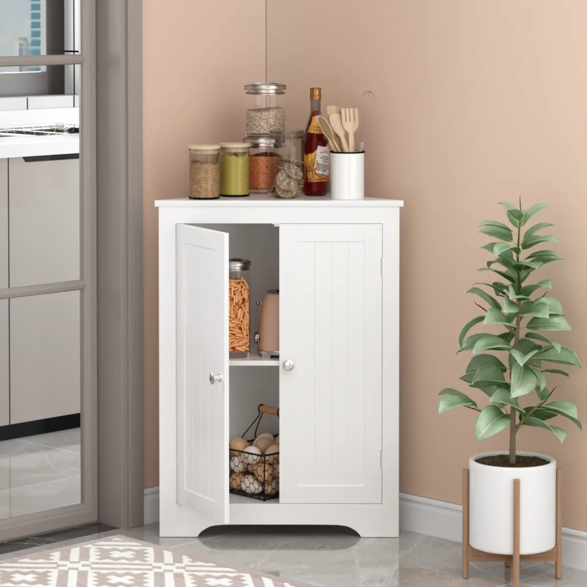 Floor Corner Cabinet with 2 Doors and Adjustable Shelves, Freestanding Narrow Cabinet Organizer, Corner Storage Cabinets for Bathroom, Kitchen, Living Room, or Bedroom, White