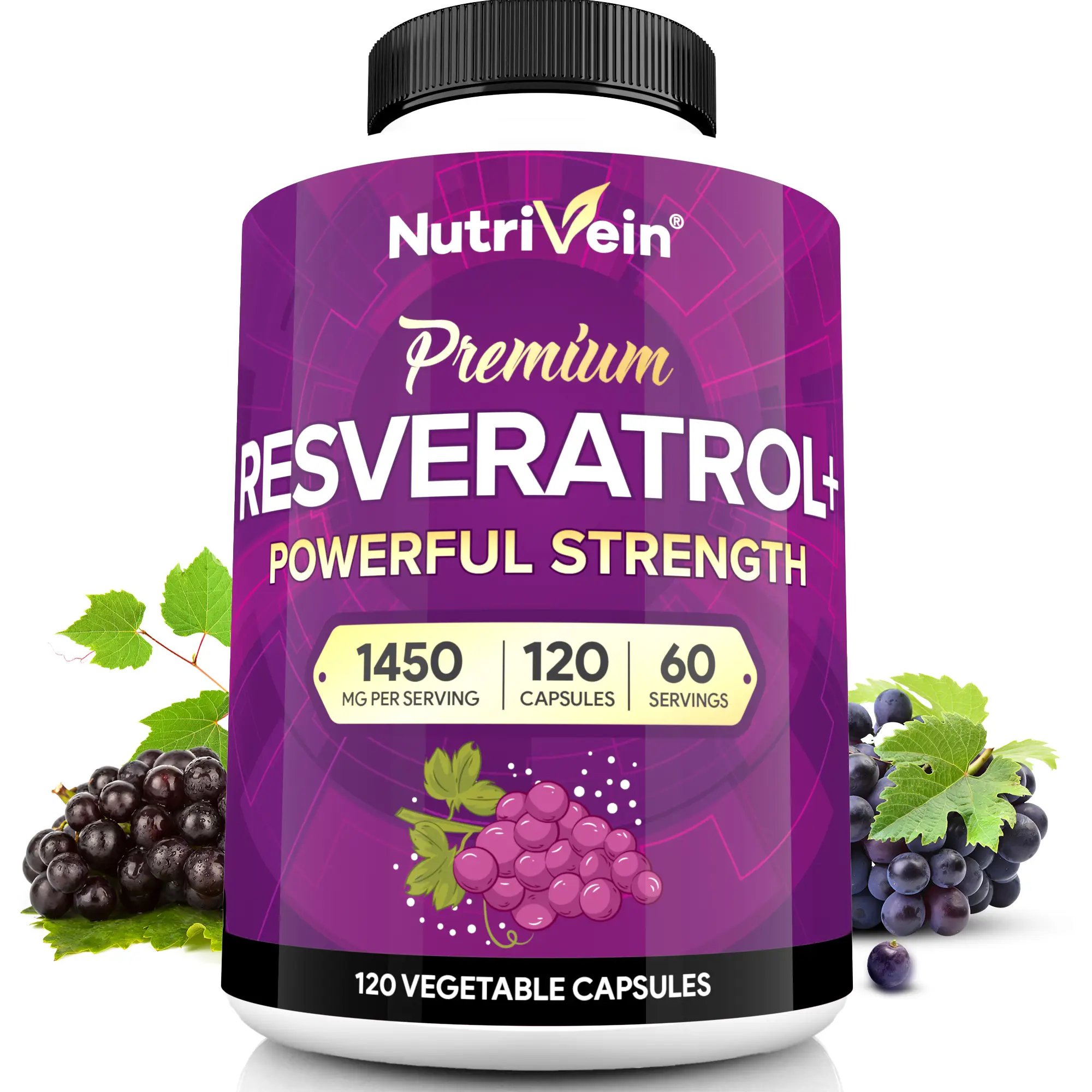 Nutrivein Resveratrol 1450mg - Supports Healthy Aging & Promotes Immune, Brain Boost & Joint Support Antioxidant Supplements - 120 Capsules