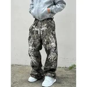 Men's Casual Camo Pants with Barbed Wire Print, Loose-Fit Drawstring Wide Leg Joggers, All-Season Comfortable Men's Clothing