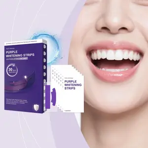 Purple teeth whitening strips, specially formulated for sensitive teeth. Removes yellow stains, safely protects tooth enamel. 30 minutes per use, 7 strips per pack.