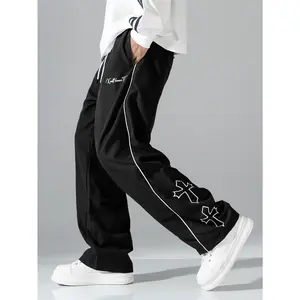 Street Style, Men’s Long Pants, Fashionable Casual, White Stripes, Elastic Waistband, Loose Fit, Everyday Wear, 2026 Trend Jogger Sweatpants Athletic Outfits