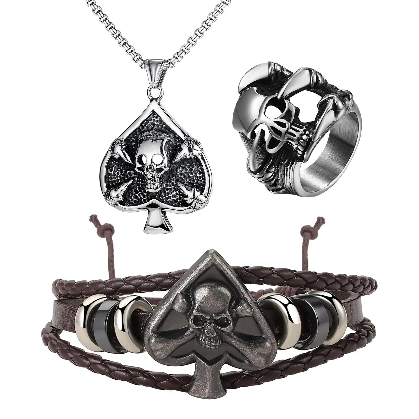 OIDEA Men's Gothic Skull Ace of Spades Poker Card Jewelry Set, Stainless Steel Necklace Bracelet and Ring for Hip Hop Style