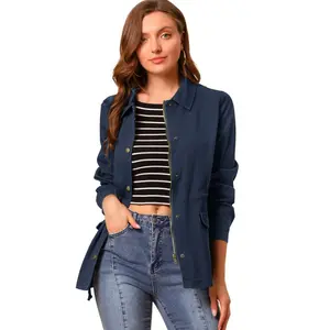 INSPIRE CHIC Women's Drawstring Waist Flap Pockets Lightweight Utility Jacket Navy Blue X-Large