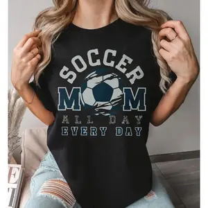 Retro Varsity Soccer Mom All Day Every Day Tee, Distressed Soccer Ball Graphic Shirt, Game Day Mom Life Casual Top, Gift for Soccer Moms