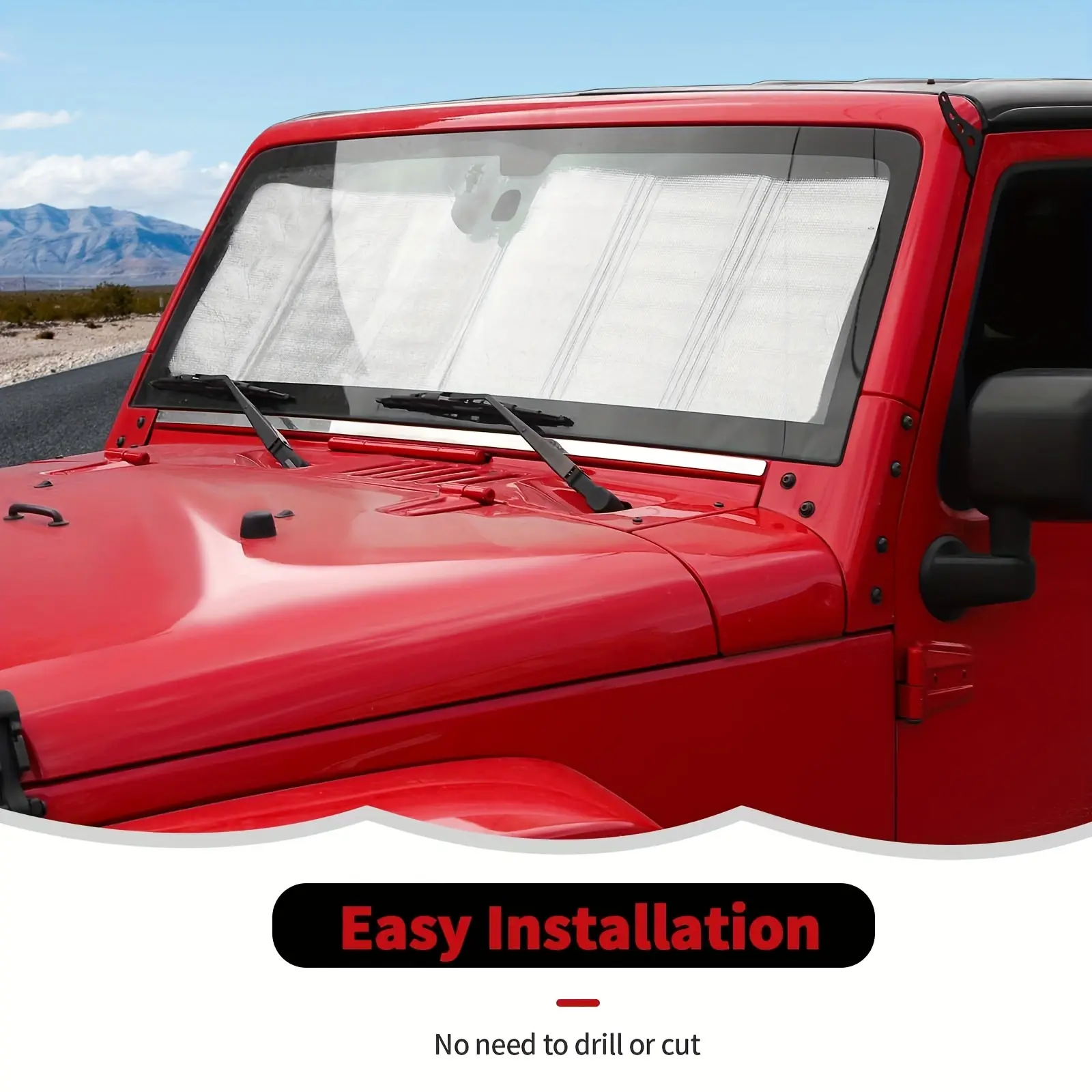 Car Windshield Sun Shade for Jeep Wrangler (Rubicon, Sahara, TJ, JK, JKU 2 & 4 Door) - UV Blocking, Heat Reduction, Prevents Fading, Pull Down, Tool-Free Easy Install