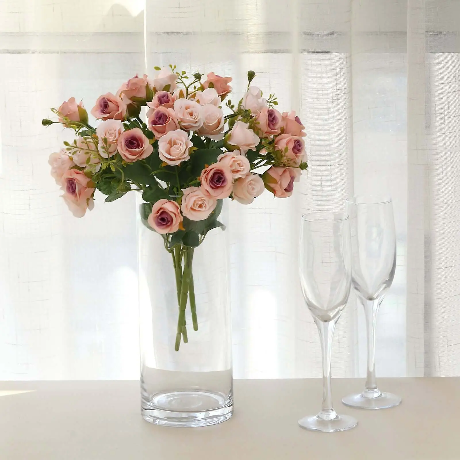 2-Pack 12in Blush Pink Artificial Open Rose Bouquets, Small Decorative Faux Floral Arrangements for Home, Wedding & Festive Parties, Artificial Roses Bouquet, Decorative Flowers