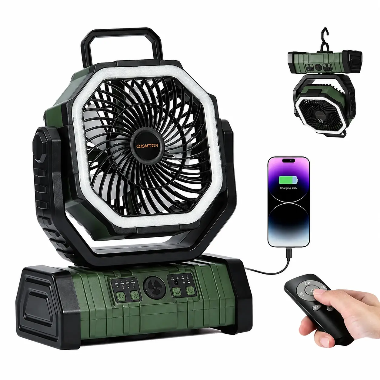 20000mAh Rechargeable Camping Fan with LED Light, Portable Fan with Remote Control, Auto Oscillating Outdoor Tent Fan, Emergency Power Bank, Hanging Hook Design, 270° Adjustable Head for Camping, RV, Travel, Patio, Blackout, Hurricane & Outdoor Activities