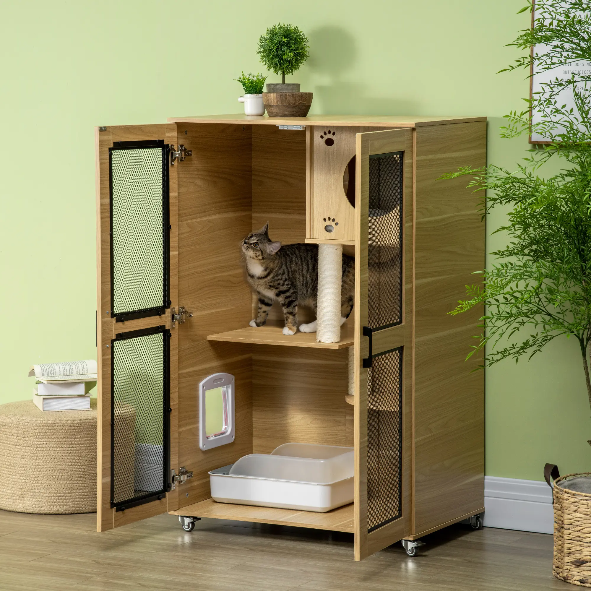 Luxury Cat House With Wheels, Kitty Cage Catio Villa For Indoor Cats With Scratching Posts, Condo, Flap Door, Cushion, Oak, 31.5" X 20" X 48.5"