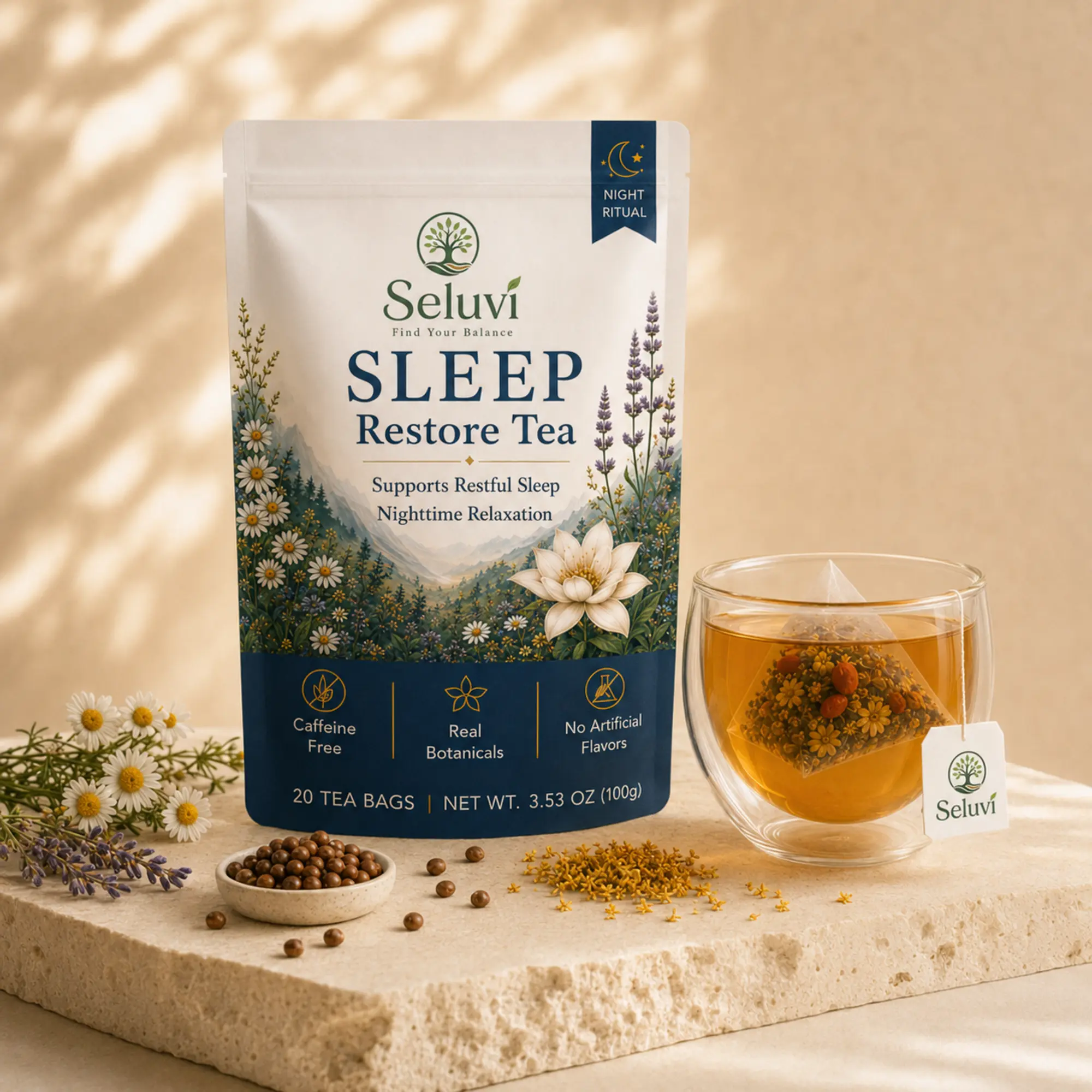 Seluvi Sleep Restore Tea | Caffeine-Free Botanical Herbal Tea for Nighttime Relaxation & Bedtime Ritual | Roasted Sour Jujube Seed, Chamomile & Osmanthus | 20 Pyramid Tea Bags, 5g Each