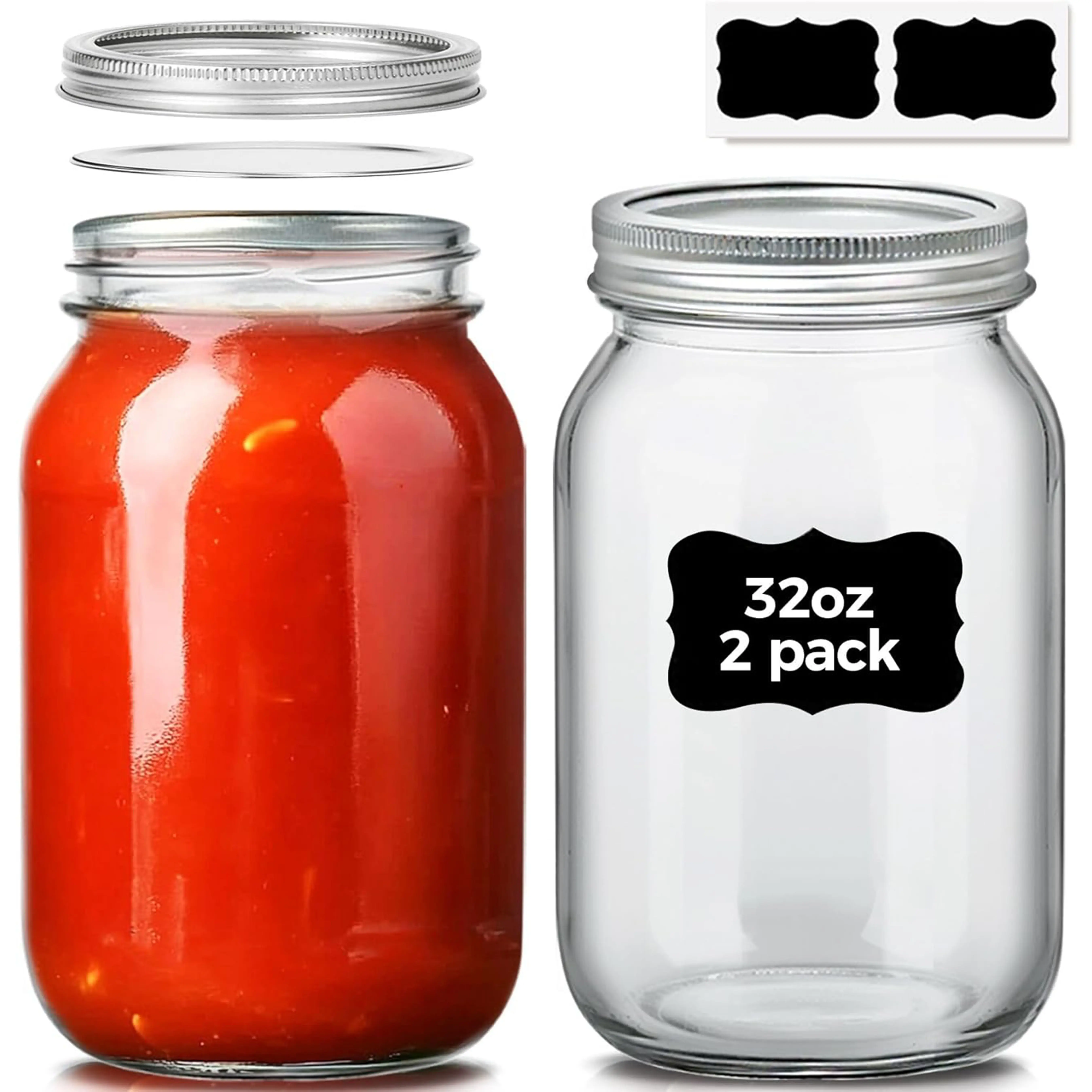 Wide Mouth Mason Jars 32 oz with Lids 2 Pcs, Quart Mason Jars with Seal Band, Large Glass Jars, Large Canning Containers for Pickles, Jams, Sauces, Salsa, Sourdough, Salad, Suntea, Food Storage