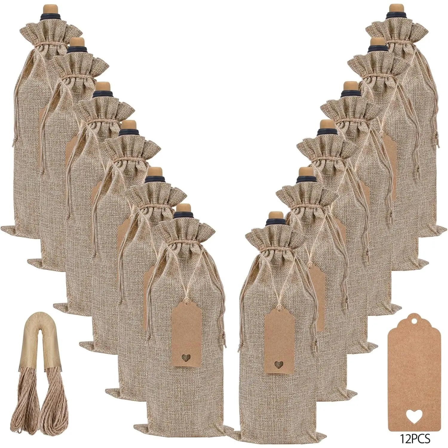 Burlap  Bags 12 count  Bottle  Bags With Drawstrings Tags & Ropes,   Bag for Weddings, Holiday Party Birthdays, Christmas, Travel, Blind Tastings,  Storage 750ml