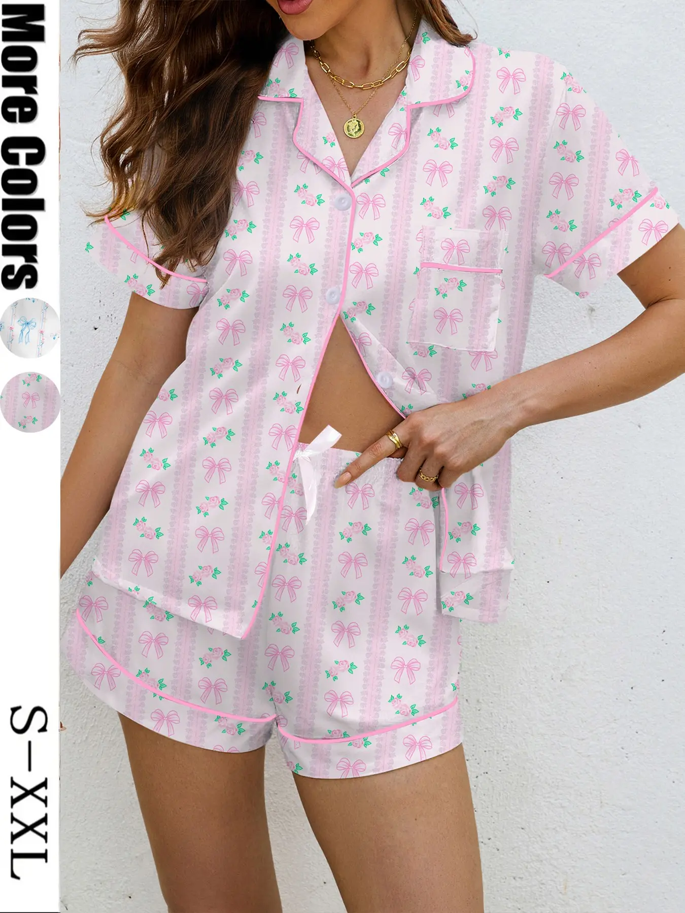 Women's Bow Print Floral Pajama Set, Pjs, Casual Fitted Shirt & Elastic Shorts, Soft Knit All-Season Sleepwear, Loungewear, Homewear, Comfortable Home Clothes, Bow Print Pyjama, Loungewear Outfit