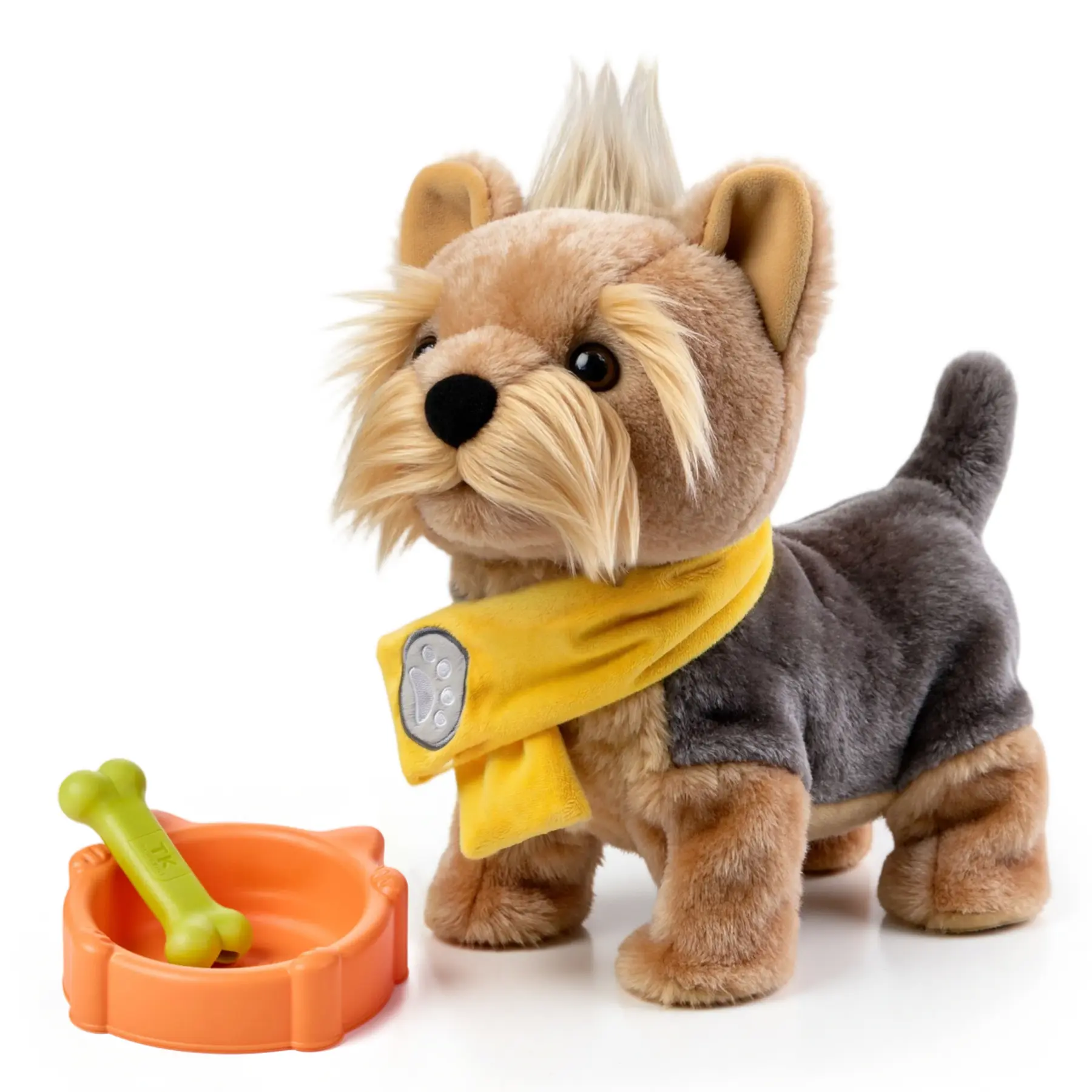 TUMAMA Interactive Plush Yorkie Dog Toy, Walking Barking Electronic Pet Dog with Bone & Food Bowl, Kids Pretend Play Toy for Boys Girls