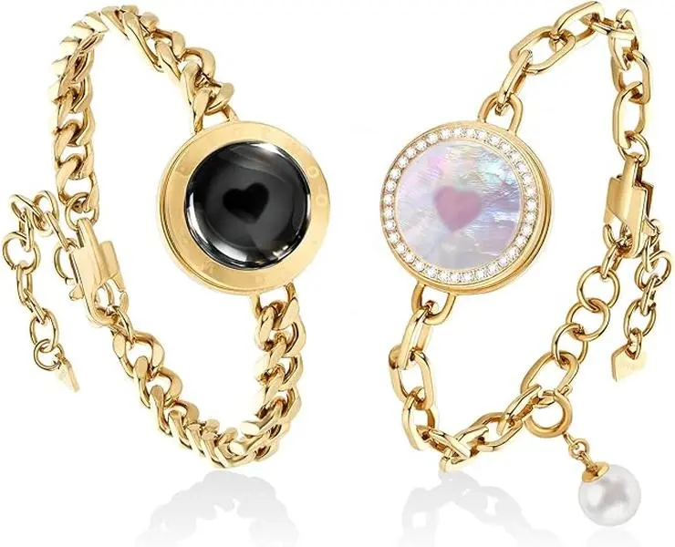 totwoo soulmate Long-Distance Touch Bracelets for Couples, Fashionable Sun and Moon Unisex Wear Set with Zirconium Stone, App-Connected for Daily Emotion, Charm, Gifts For Your Girlfriend, Casual, Two-Tone Set