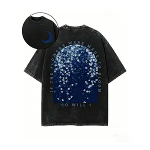 "If The Flowers Were Made To Bloom So Will I" Washed Black Oversized T-Shirt - Positive Quote Tee Vintage Washed "Night Sky Flower" Graphic Tee - Uplifting Streetwear