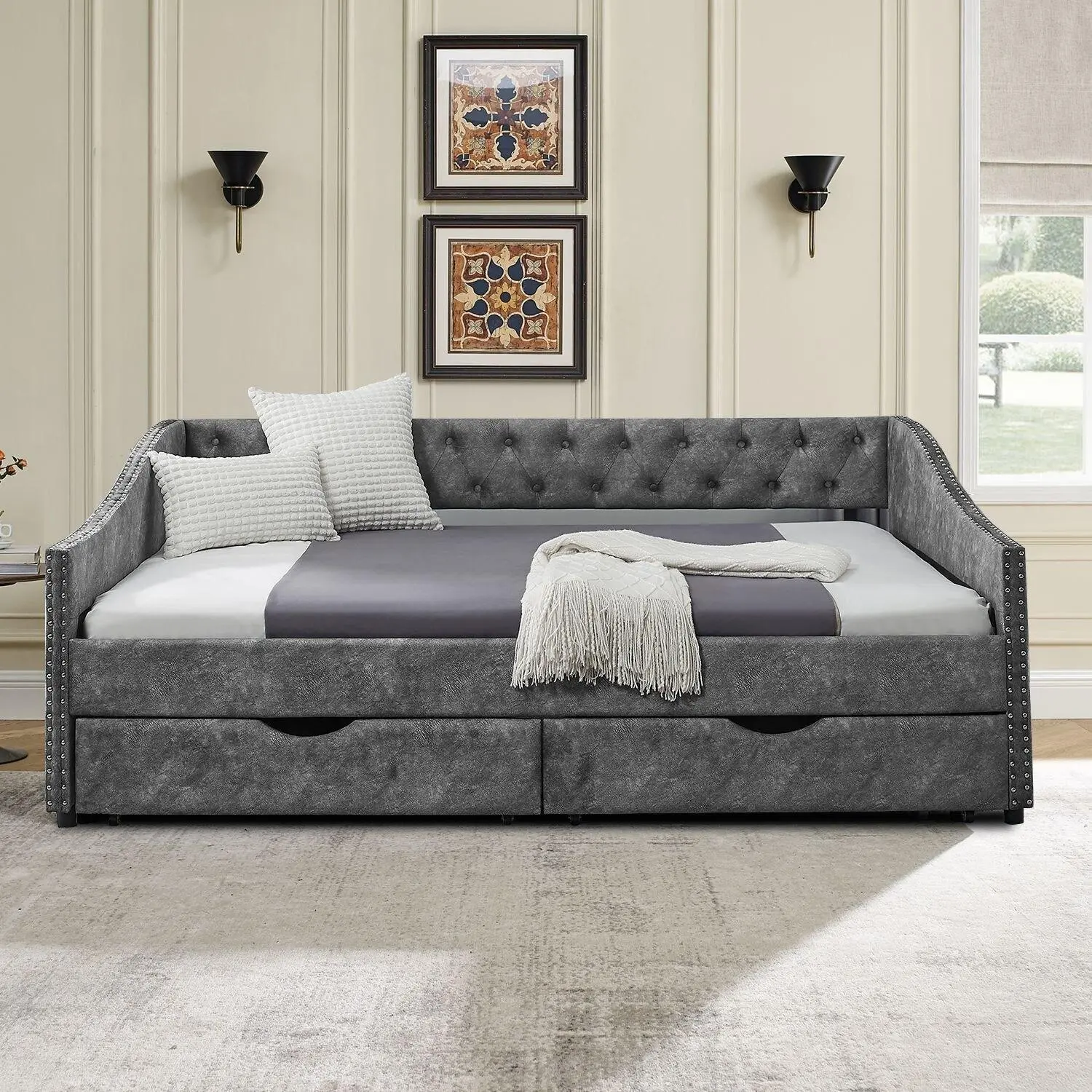 Contemporary Stylish Fabric Upholstered Storage Daybed, Full Size