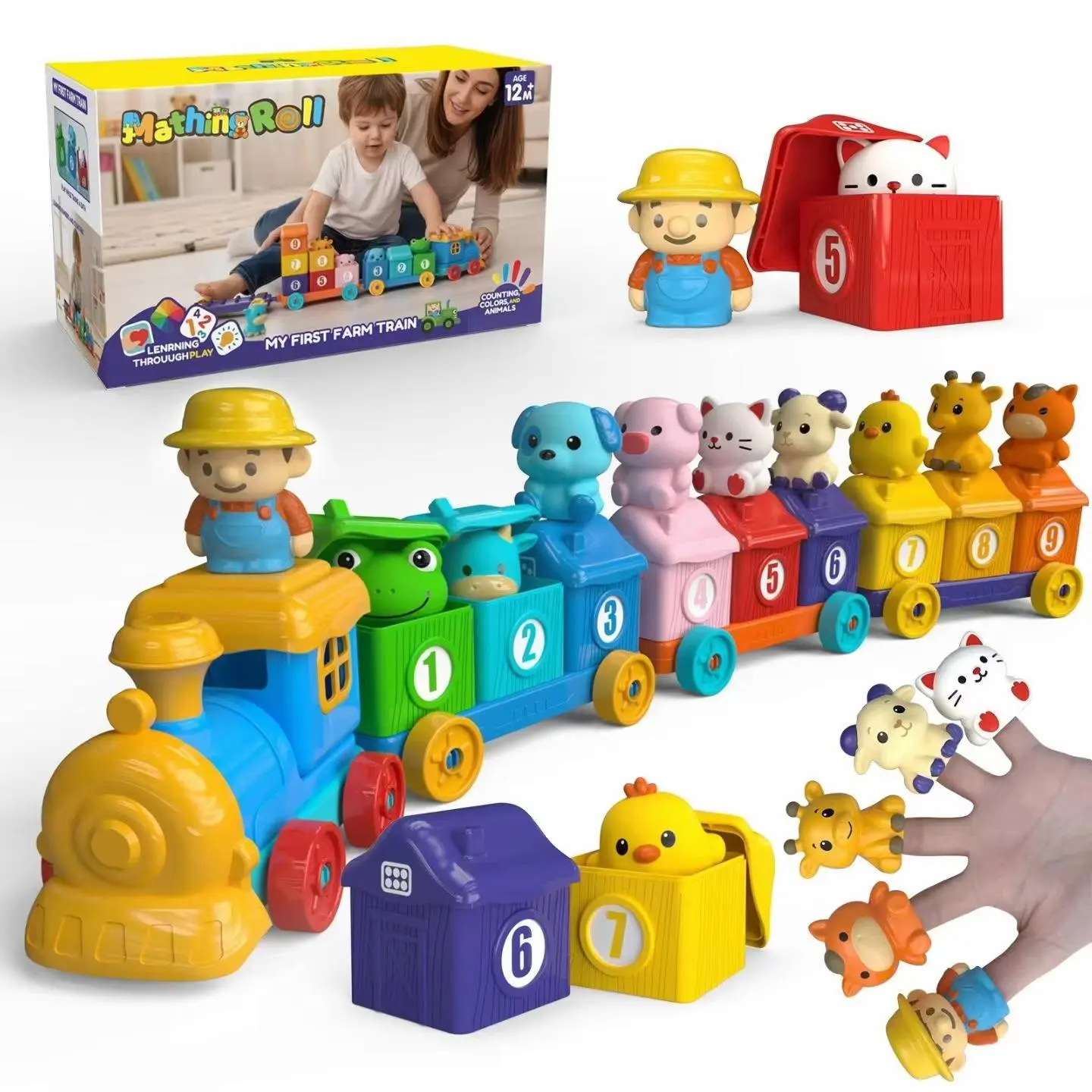 Learning Toy for Toddlers 1 2 3 4 Years Old, Counting Matching & Sorting Montessori Train Set with Farm Animals Finger Puppets for Boys Girls