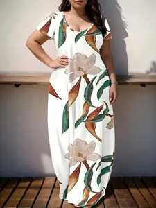 Plus Size Tropical Floral Long Dress, Summer Vacation Essential, Boho Style, Bohemian, Soft Drape Fabric, Peony Print, Curvy Fit, Beachwear, Casual Wear, Everyday, Elegance, Womenswear