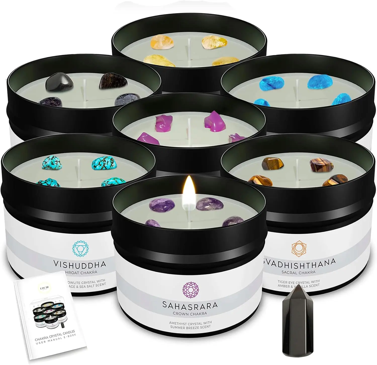 Healing Chakra Scented Candles Set with Surprise Wand | 7 Scented Candles with Chakra Crystals, Wand | E-Book Included Lucir Store