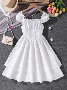 Girls' Lace Collar Pleated Detail Ruffle Trim Dress with Layered Hemline, Stylish Elegant Design for Daily Wear, Outings, Parties, Vacations
