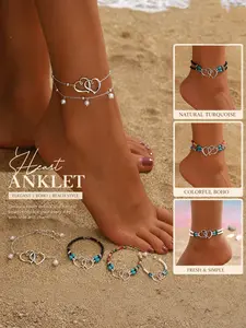 Elegant Ankle Bracelet with Heart & Pearl Design, Boho Style, Perfect for Beach, Vacation, Daily Wear, Summer Fashion Accessory