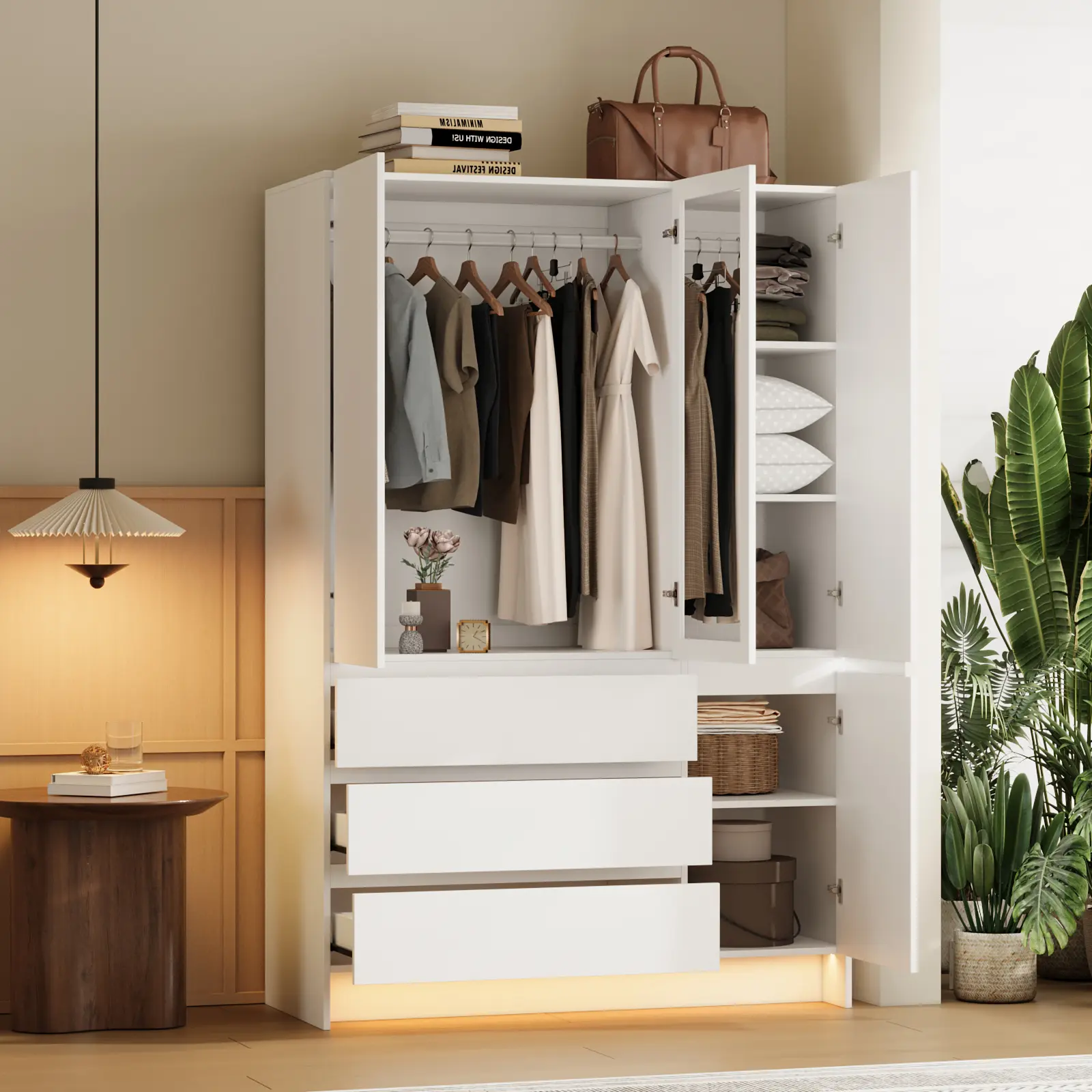 VOWNER Wardrobe Closet with LED Lights, Freestanding Armoire Wardrobe with 3 Drawers, Hanging Rod, Shelves, Mirror, Modern Bedroom Closet
