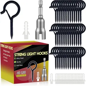 40 count Outdoor String Light Hooks with Spring Latch,Rust Resistant Screw in Hooks,Windproof  Hangers,Screw Eyes Hook