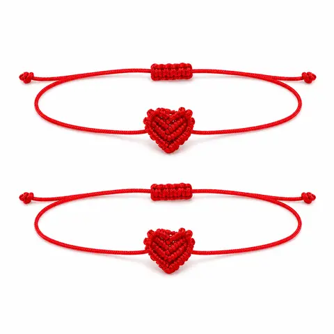 2PCS Unisex Heart Shaped Adjustable Woven Pattern Matching Bracelet Set, Alloy Heart Charm Braided Cord Jewelry, Everyday Fashion Accessories for Couples, Friends