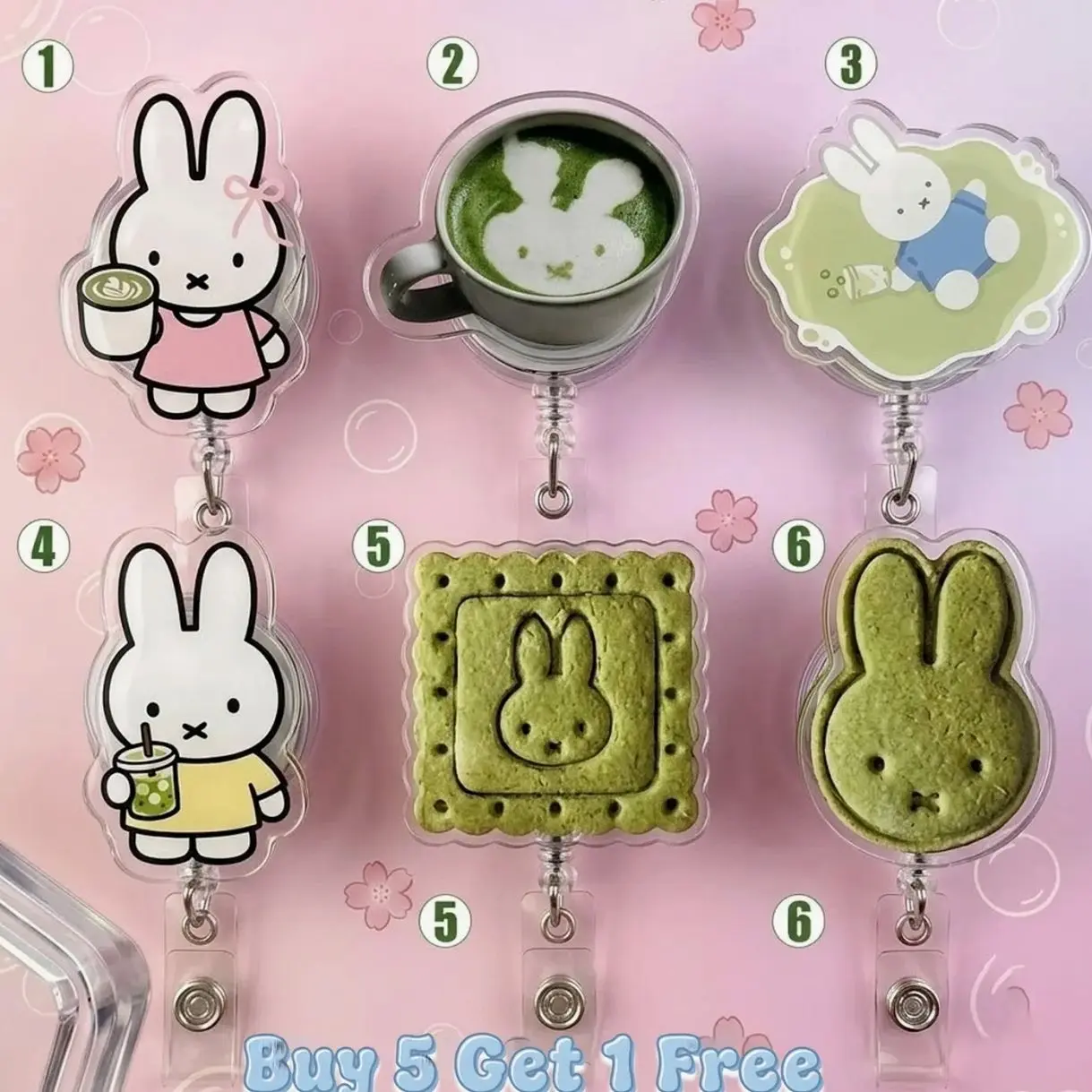 6 ops Cute Matcha Bunny Badge Reel, Retractable Acrylic Badge Clip for Nurses, Aesthetic Green Rabbit ID Holder