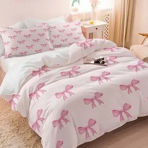 Pink Checkered Coquette Duvet Cover Set, 1 Duvet Cover with 1/2 Pillowcases, Bow & Cherry Print Bedding for Bedroom, Dorm & Guest Room, Decor for Adults, Comfy Bedding Sets