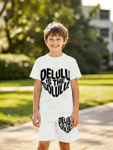 Trendy Background Text Delulu Boys' 3D Short Sleeve Shorts Set, Fashion Outdoor Sports, Birthday Gift, Holiday Present
