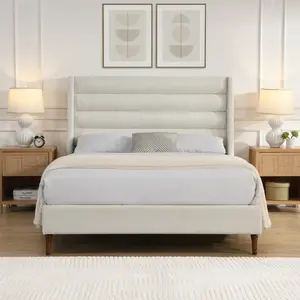 Queen Size Bed Frame High Headboard Upholstered Platform Bed with Wave - Shaped Headboard, Premium Chenille Fabric, Modern Minimalist Platform Bed No Box Spring Needed, Easy Assembly, Ivory