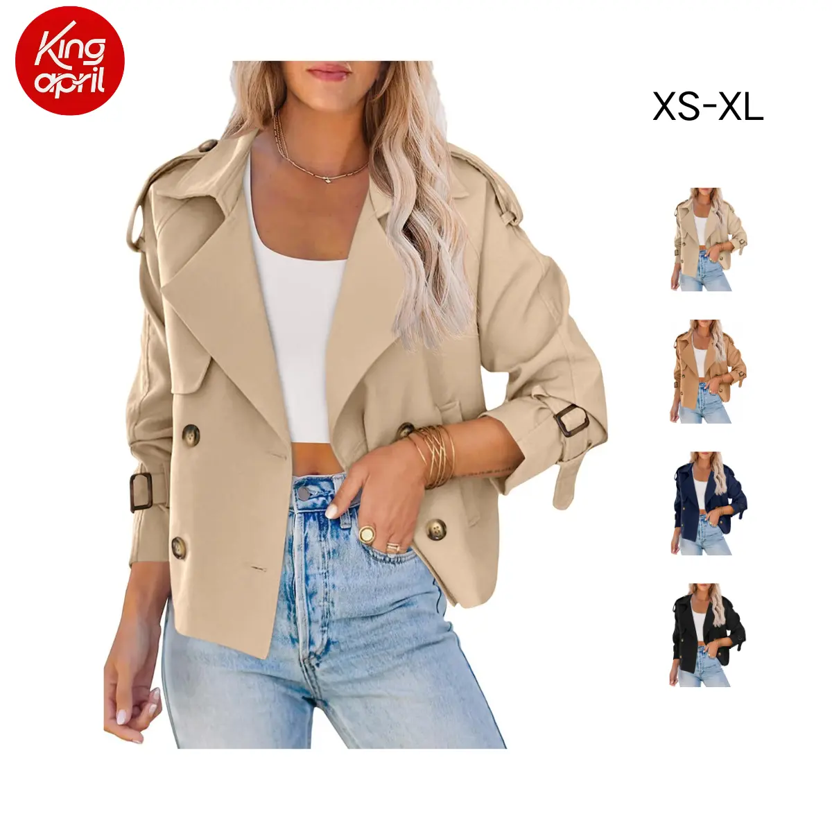 KingApril Women’s Trench Coat — Sizes XS–XL, casual style, long sleeves, front button closure, regular fit, suitable for everyday wear